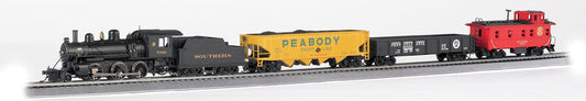 HO scale model train set with black steam locomotive, Southern tender car, yellow Peabody hopper car, black freight car, and red caboose on gray track