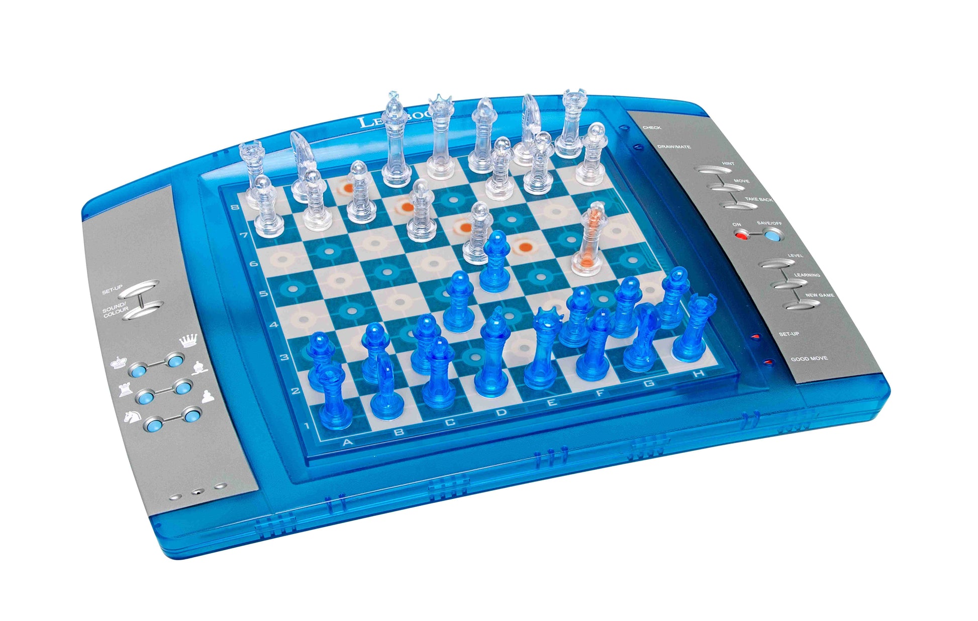 Lexibook ChessLight interactive electronic chess game with blue translucent board, crystal chess pieces, and control panels on both sides