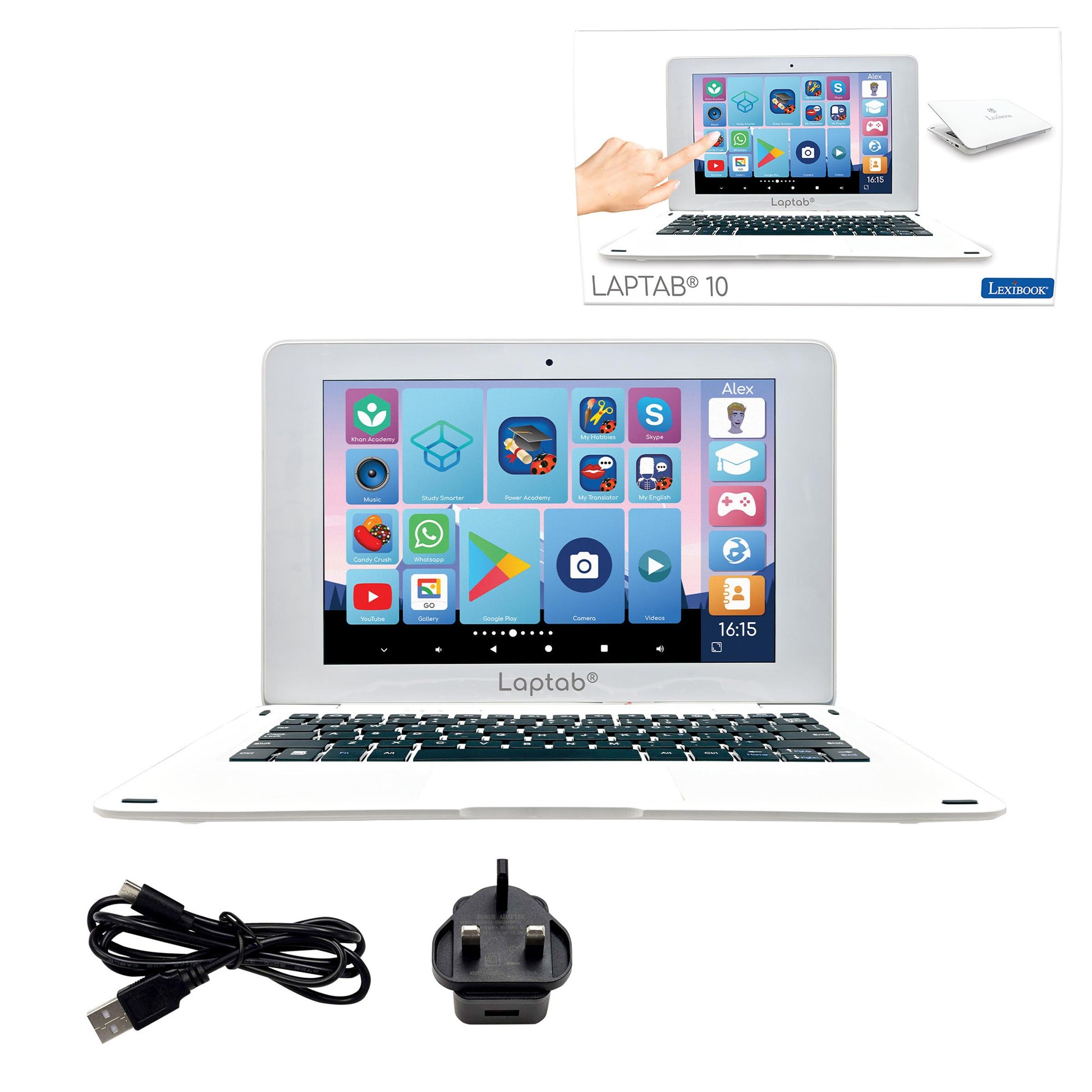 Laptab 10 white touchscreen laptop with Android 13 displaying colorful app icons, shown with USB charging cable and power adapter