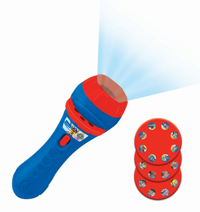 Blue and red Paw Patrol Stories Projector flashlight with light beam effect and red interchangeable disc cartridges showing character images