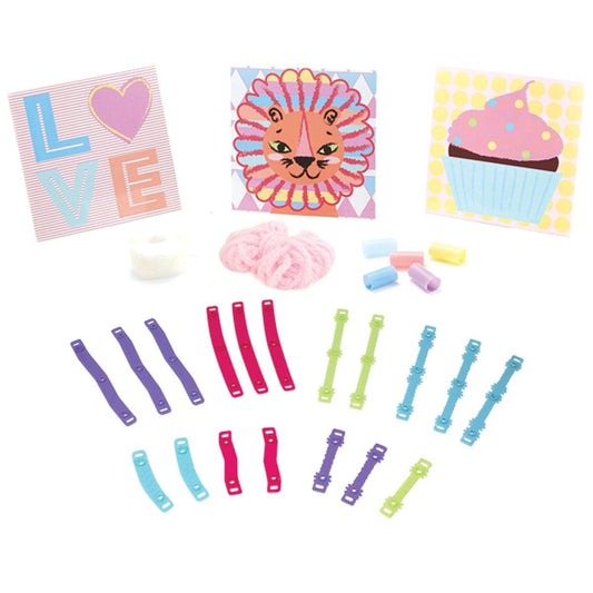 Pom Pom Wow Snap & Decorate Set contents including three canvas boards with LOVE heart, lion face, and cupcake designs, pink pom poms, colorful snap clips in pu