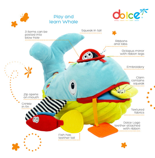 Dolce Play and Learn Whale plush toy in light blue with yellow fins, red fish teether, red octopus mirror, and interactive features labeled including squeak in