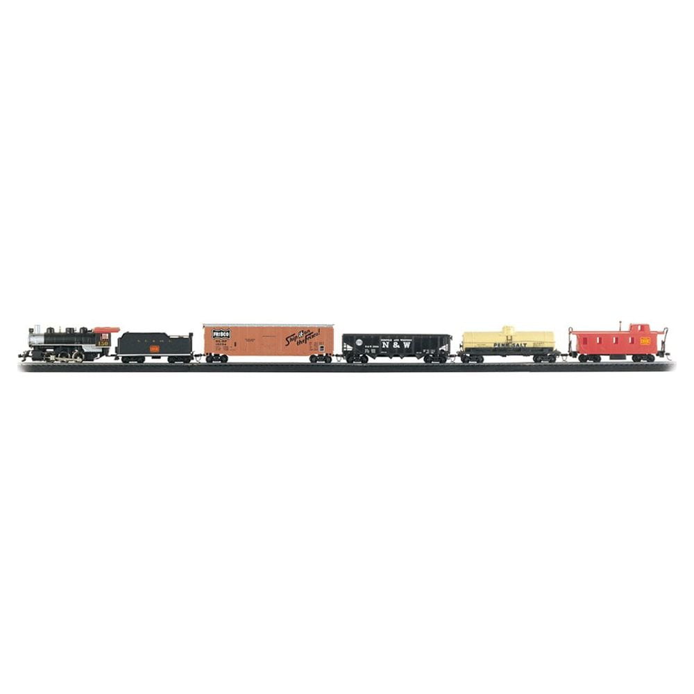 HO scale model train set with steam locomotive, tender, freight cars, and caboose on track against white background