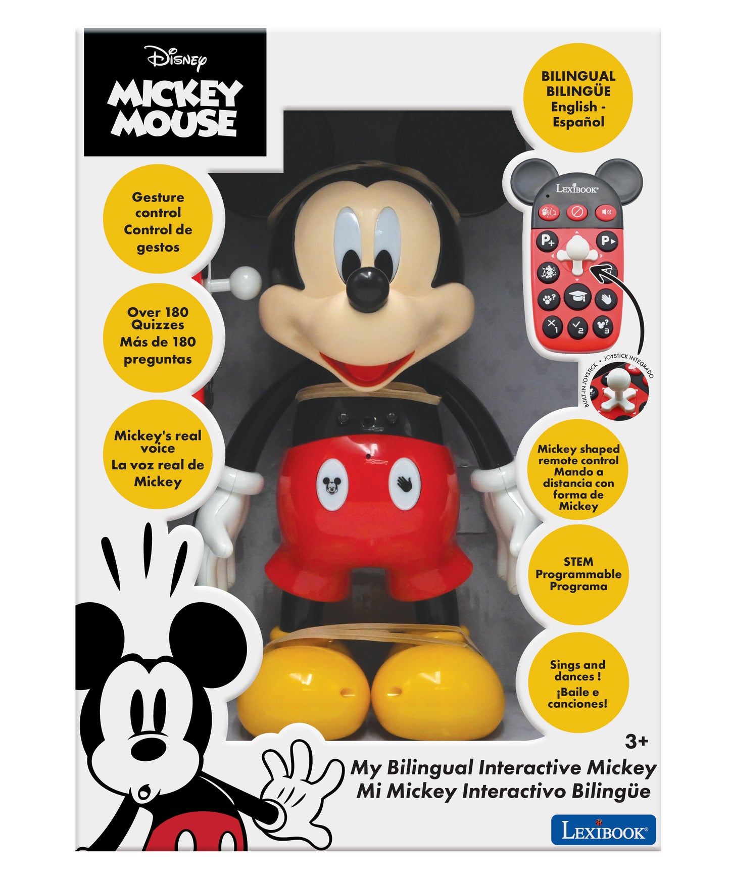 Disney Mickey Mouse interactive robot toy with black head, red shorts, yellow shoes, includes red Mickey-shaped remote control, bilingual English-Spanish featur