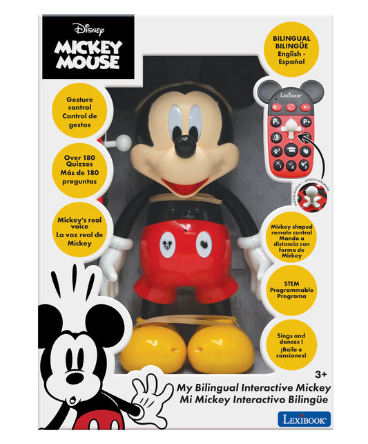 Disney Mickey Mouse interactive robot toy with black head, red shorts, yellow shoes, includes red Mickey-shaped remote control, bilingual English-Spanish featur