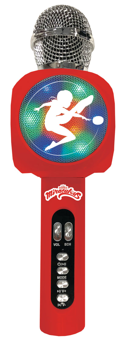 Red karaoke microphone with silver mesh head and colorful LED light-up display featuring a white silhouette figure, VOL/ECH and mode control buttons on handle