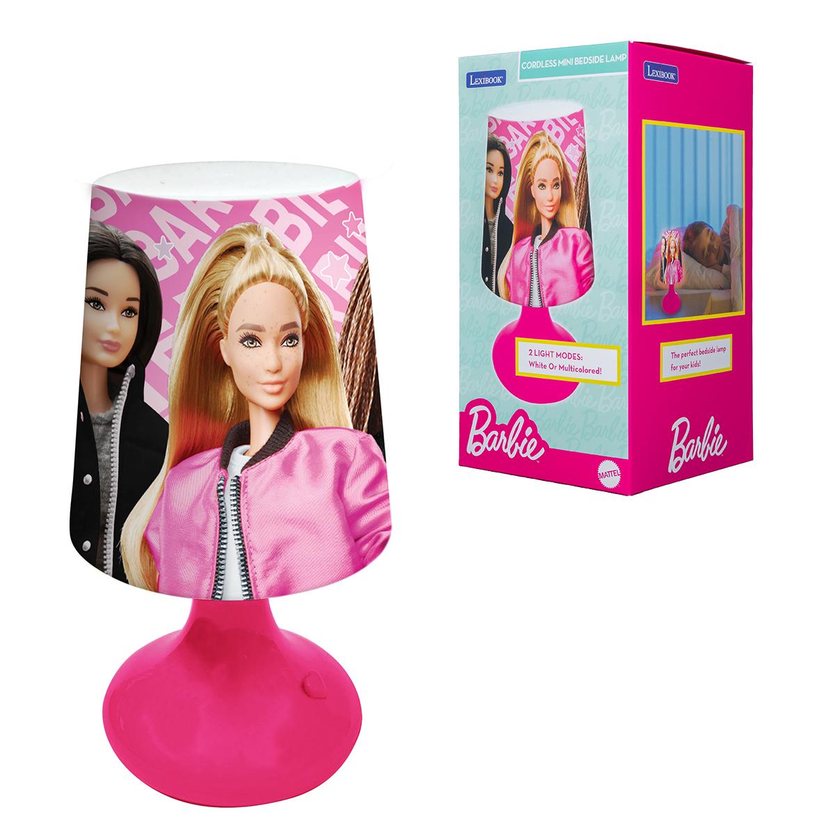 Barbie cordless mini bedside lamp with pink base and shade featuring Barbie doll images, shown assembled and in product packaging