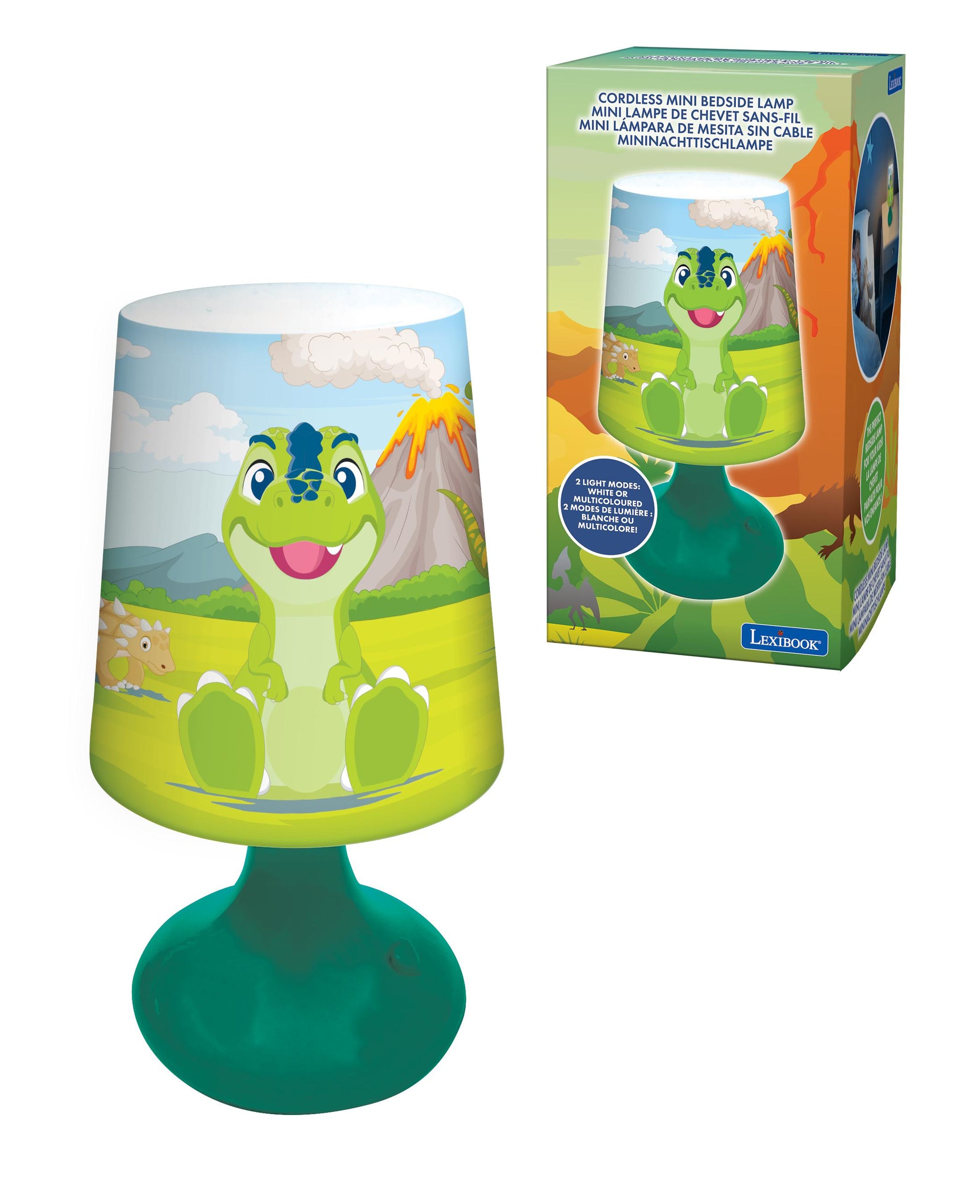 Cordless mini bedside lamp with green dinosaur character and volcano scene, teal base, shown with packaging