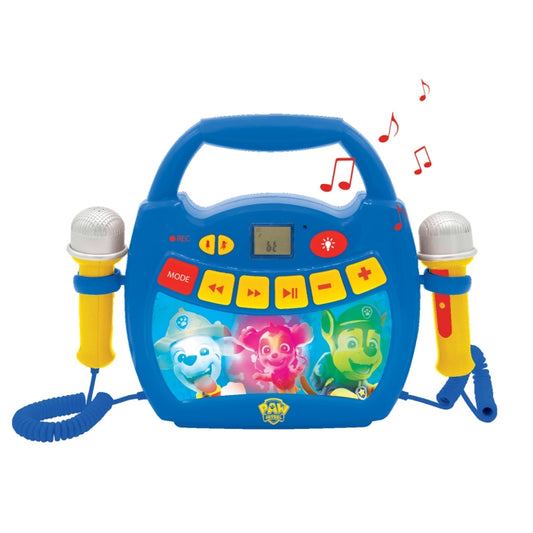 Blue Paw Patrol karaoke machine with two microphones, control buttons, light-up screen showing character faces, and musical note graphics floating above