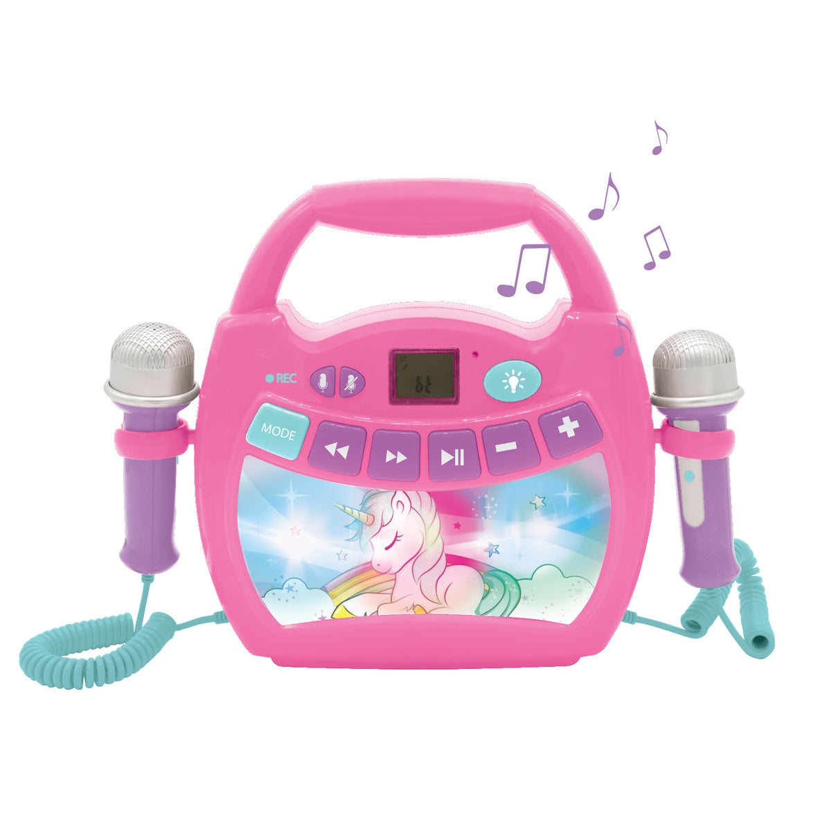 Pink karaoke machine with two purple and turquoise microphones, digital display, control buttons, and unicorn illustration on screen