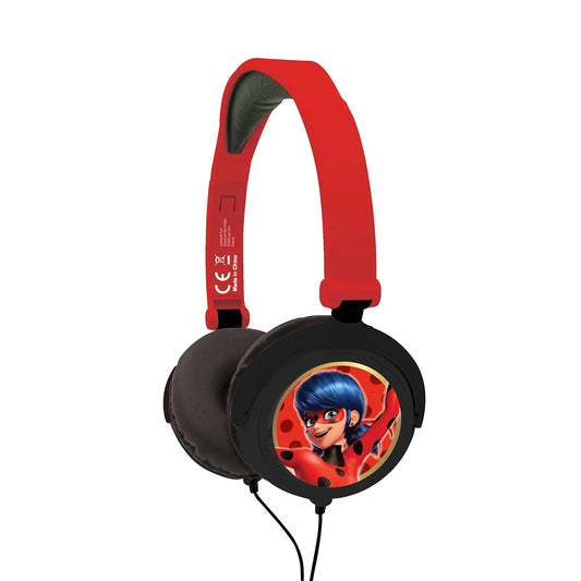 Red and black kids' headphones with Miraculous Ladybug character design on ear cup, red padded headband, wired audio cable attached