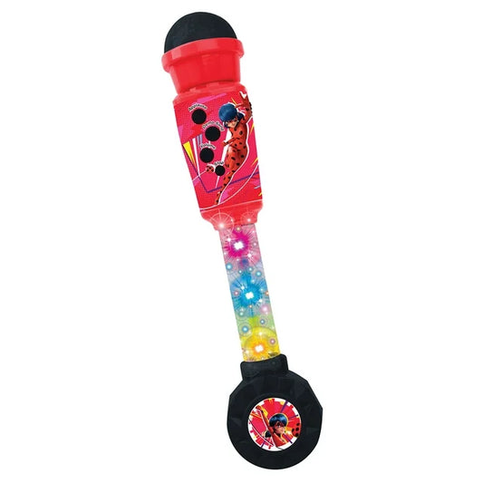Red lighted microphone with black top and bottom, featuring Miraculous character graphics and colorful illuminated flower designs on the handle