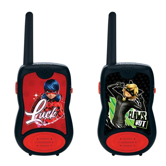 Pair of Miraculous Ladybug walkie talkies with black casing, red accents, and extendable antennas. Left unit features Ladybug character on red background; right