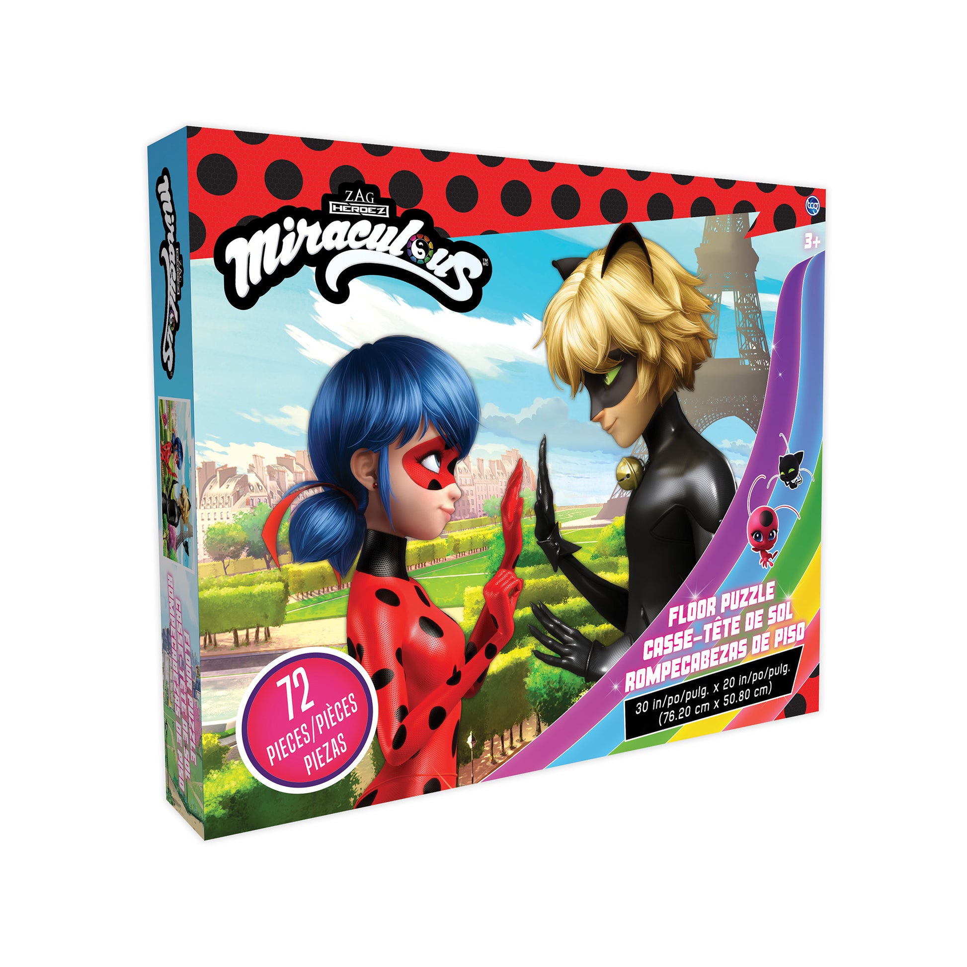 Miraculous Ladybug & Cat Noir 72-piece floor puzzle box featuring Ladybug in red with blue hair and Cat Noir in black with blonde hair against a Paris cityscape