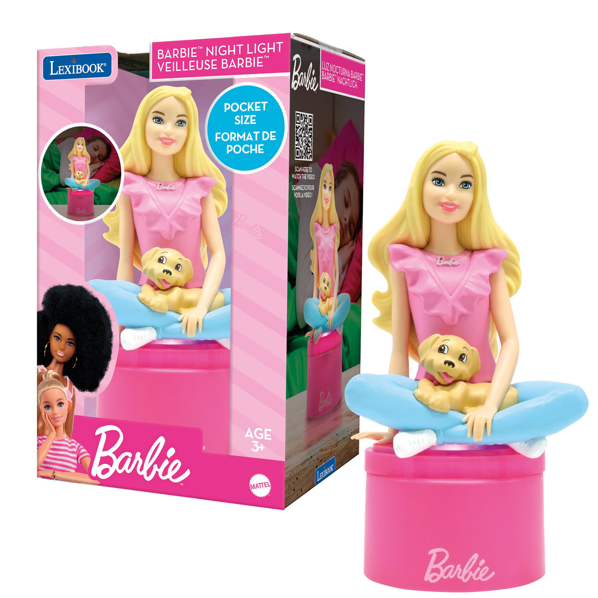 Barbie Night Light pocket-size doll with blonde hair in pink dress, holding small baby doll figure, sitting on blue blanket atop pink cylindrical base that glow