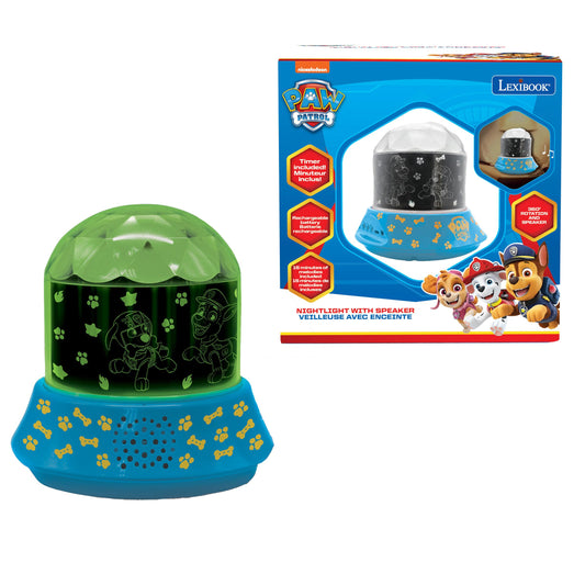 Paw Patrol nightlight projector with speaker; green dome top with paw print and character cutouts, blue base with paw prints and speaker holes
