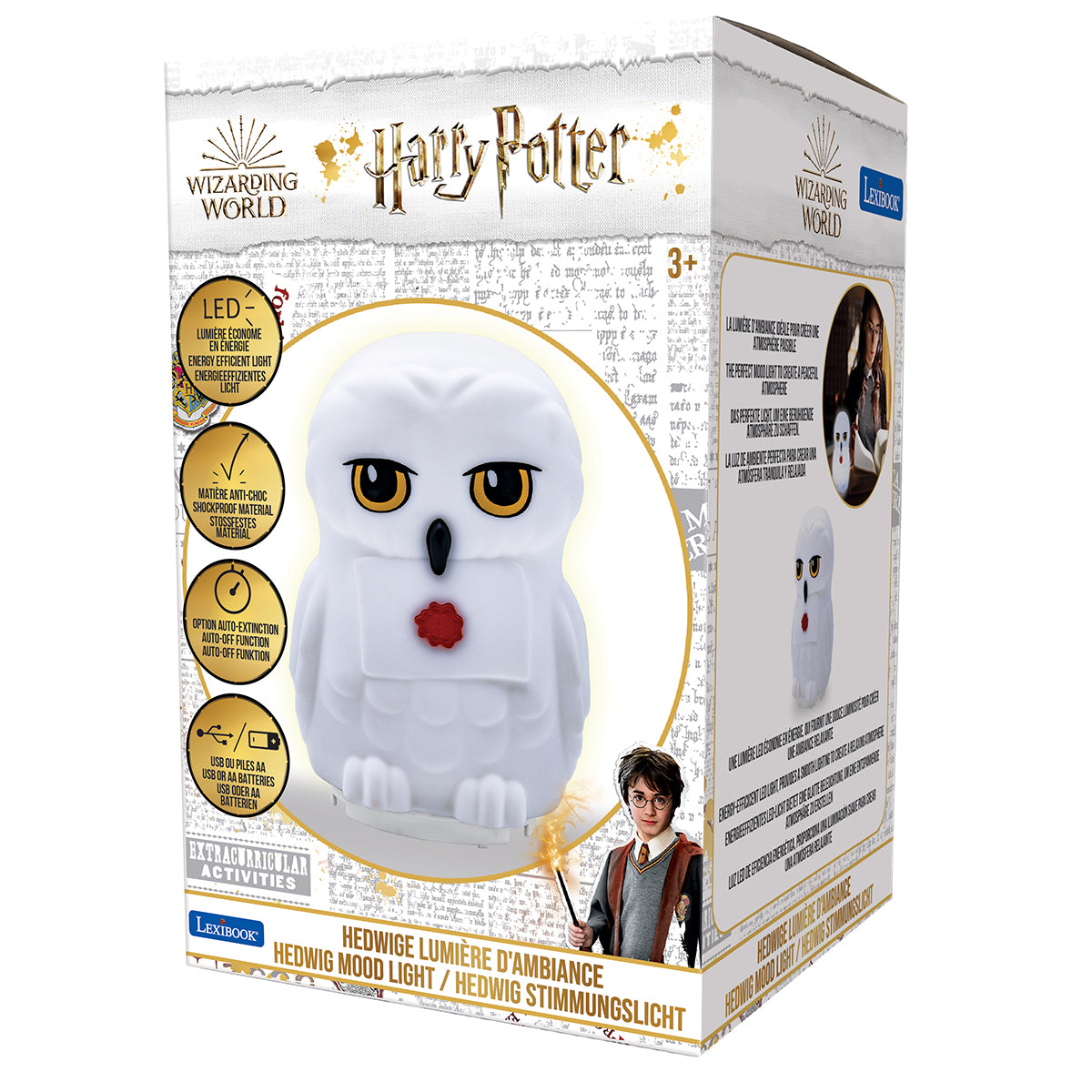 Harry Potter Hedwig owl mood light with LED, white plush design with yellow eyes and red mouth, shown in packaging with feature icons and product details