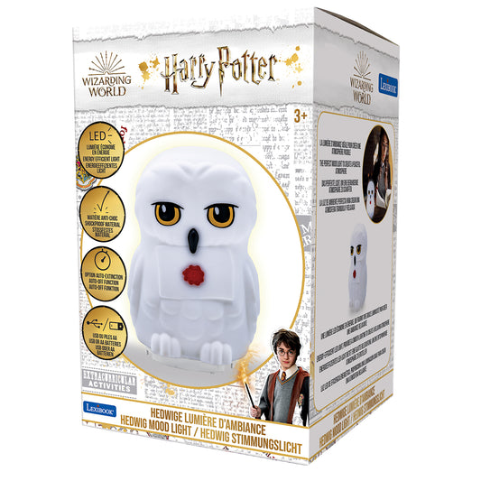Harry Potter Hedwig owl mood light with LED, white plush design with yellow eyes and red mouth, shown in packaging with feature icons and product details