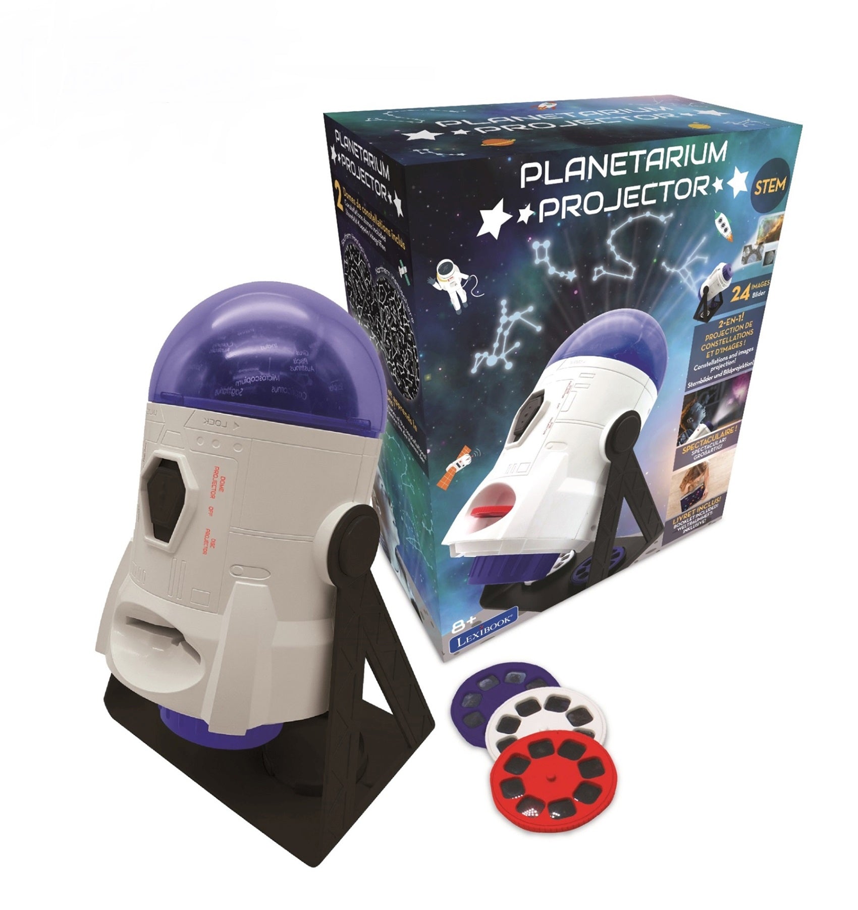Planetarium projector with purple dome and white base, shown with packaging and two interchangeable disc slides