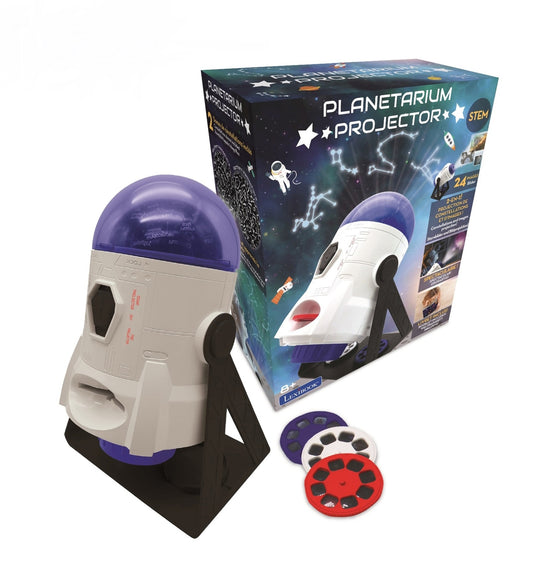 Planetarium projector with purple dome and white base, shown with packaging and two interchangeable disc slides