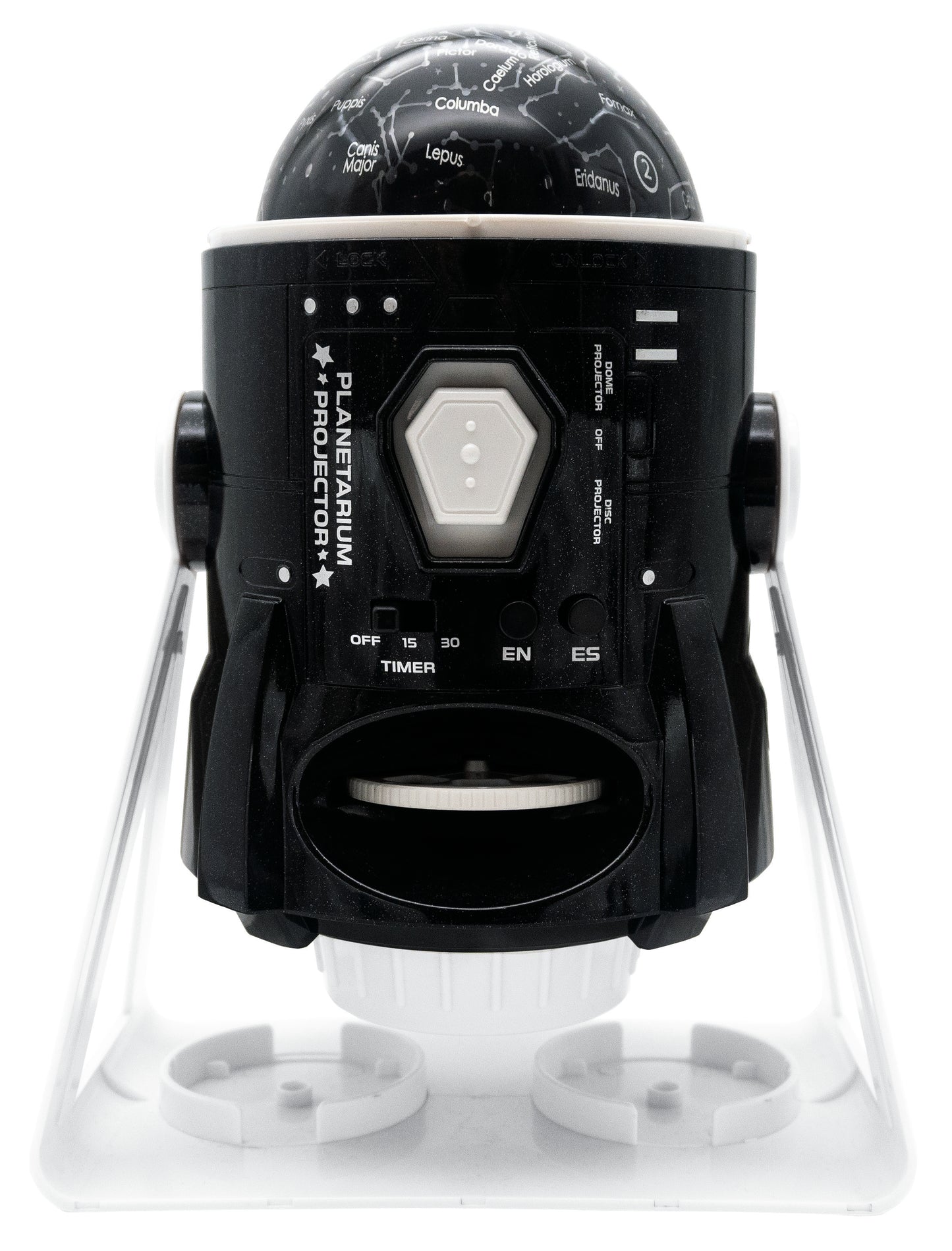 Black planetarium projector with dome top labeled with constellation names, control panel with timer and buttons, white base with feet on plain background