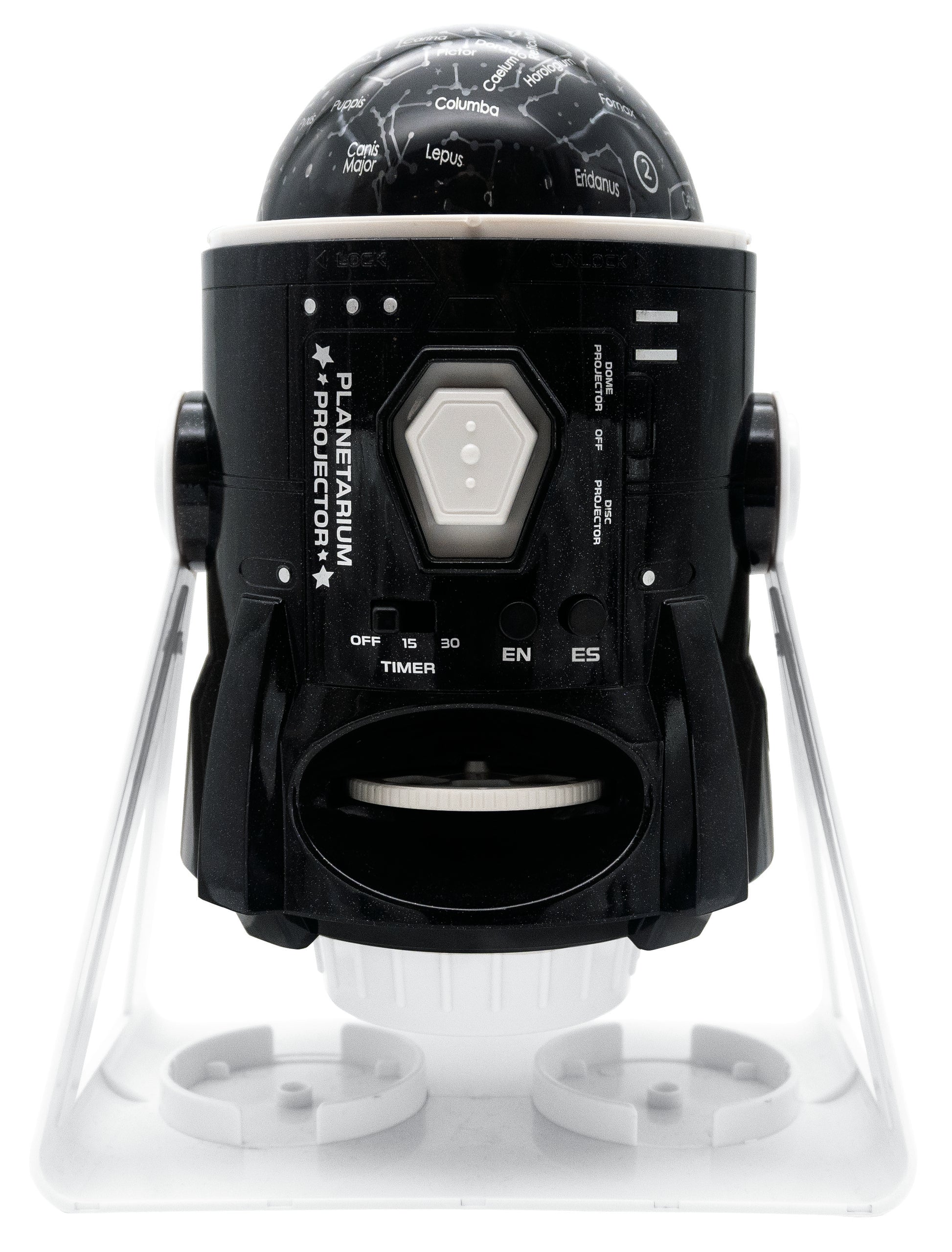 Black planetarium projector with dome top labeled with constellation names, control panel with timer and buttons, white base with feet on plain background