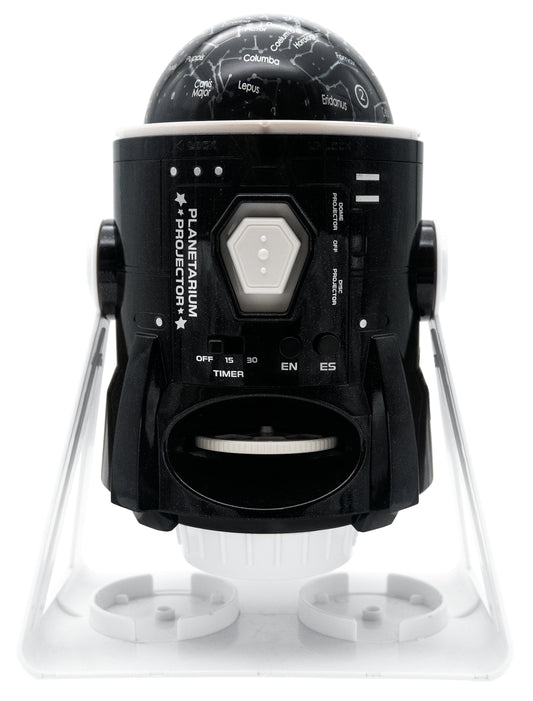 Black planetarium projector with dome top labeled with constellation names, control panel with timer and buttons, white base with feet on plain background