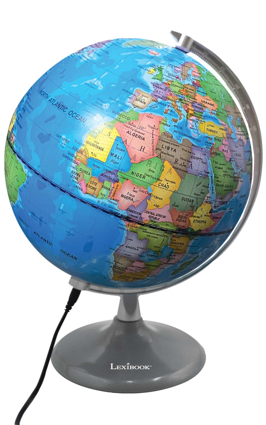 Illuminated educational globe on gray stand showing colorful country borders and oceans, with metal arm attachment and black power cord