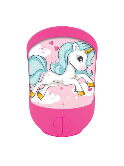 Pink LED nightlight with illustrated white unicorn with turquoise mane and gold hooves on pink background with hearts and clouds