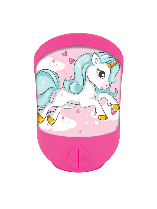 Pink LED nightlight with illustrated white unicorn with turquoise mane and gold hooves on pink background with hearts and clouds