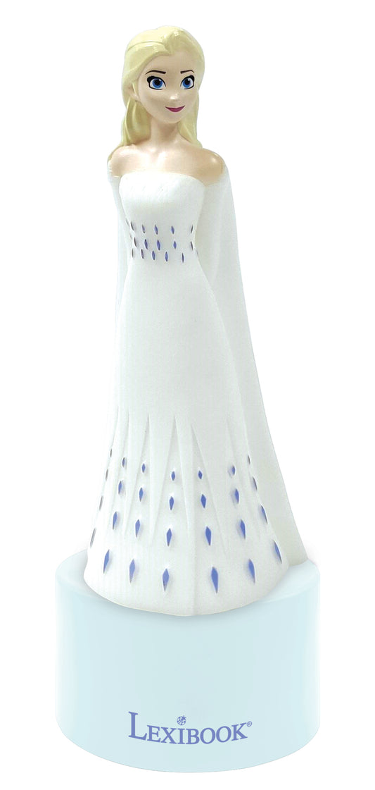 Elsa doll figure with blonde hair wearing white off-shoulder gown with blue snowflake details, mounted on white Lexibook base