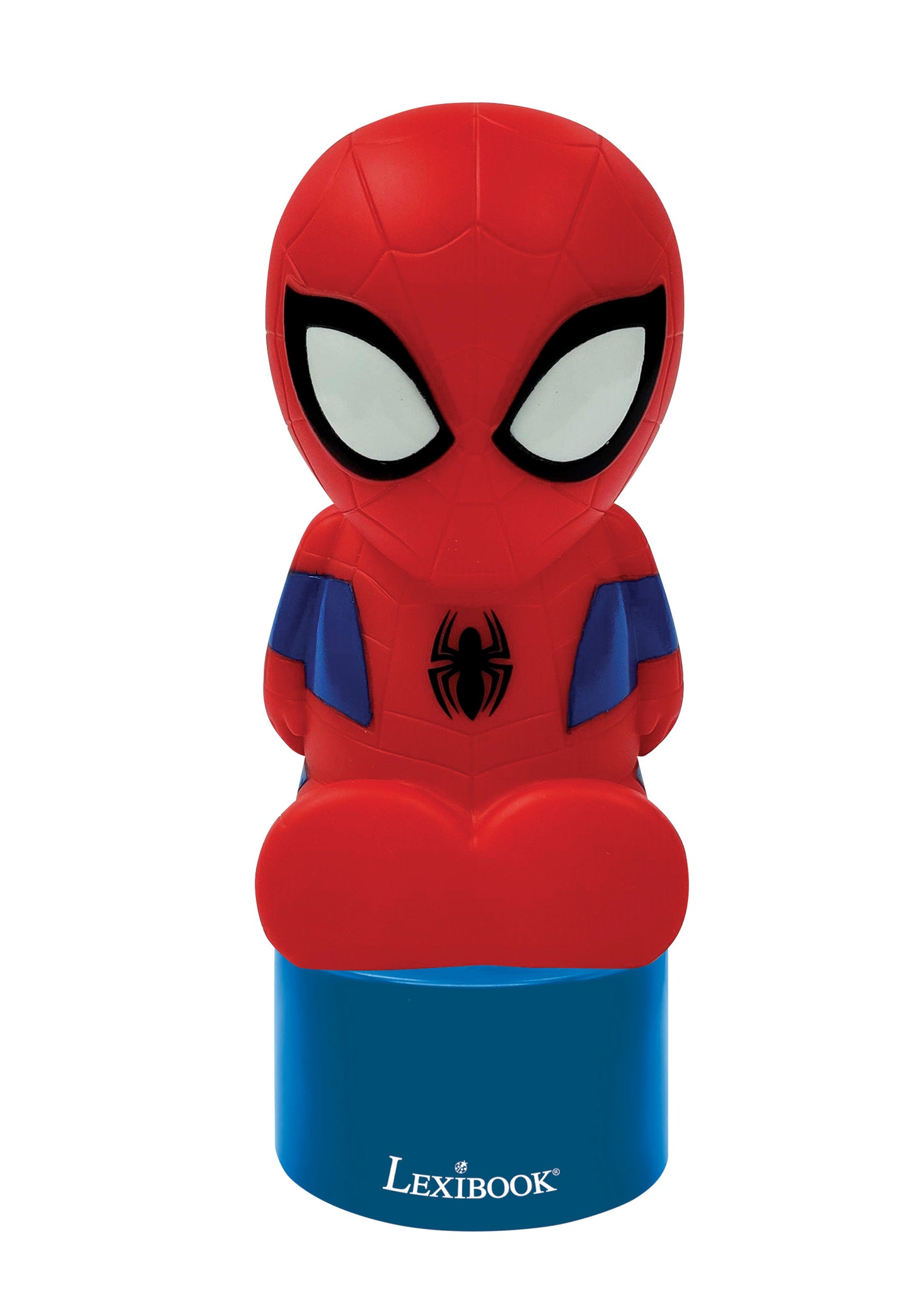 Marvel Spider-Man LED nightlight and speaker with red head and blue base, on plain background