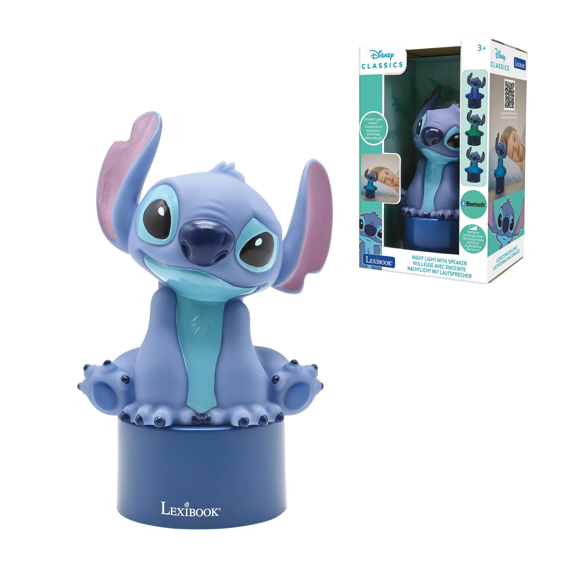 Disney Stitch blue character figure with pink ears on blue base, shown with product packaging box featuring Bluetooth speaker and night light features