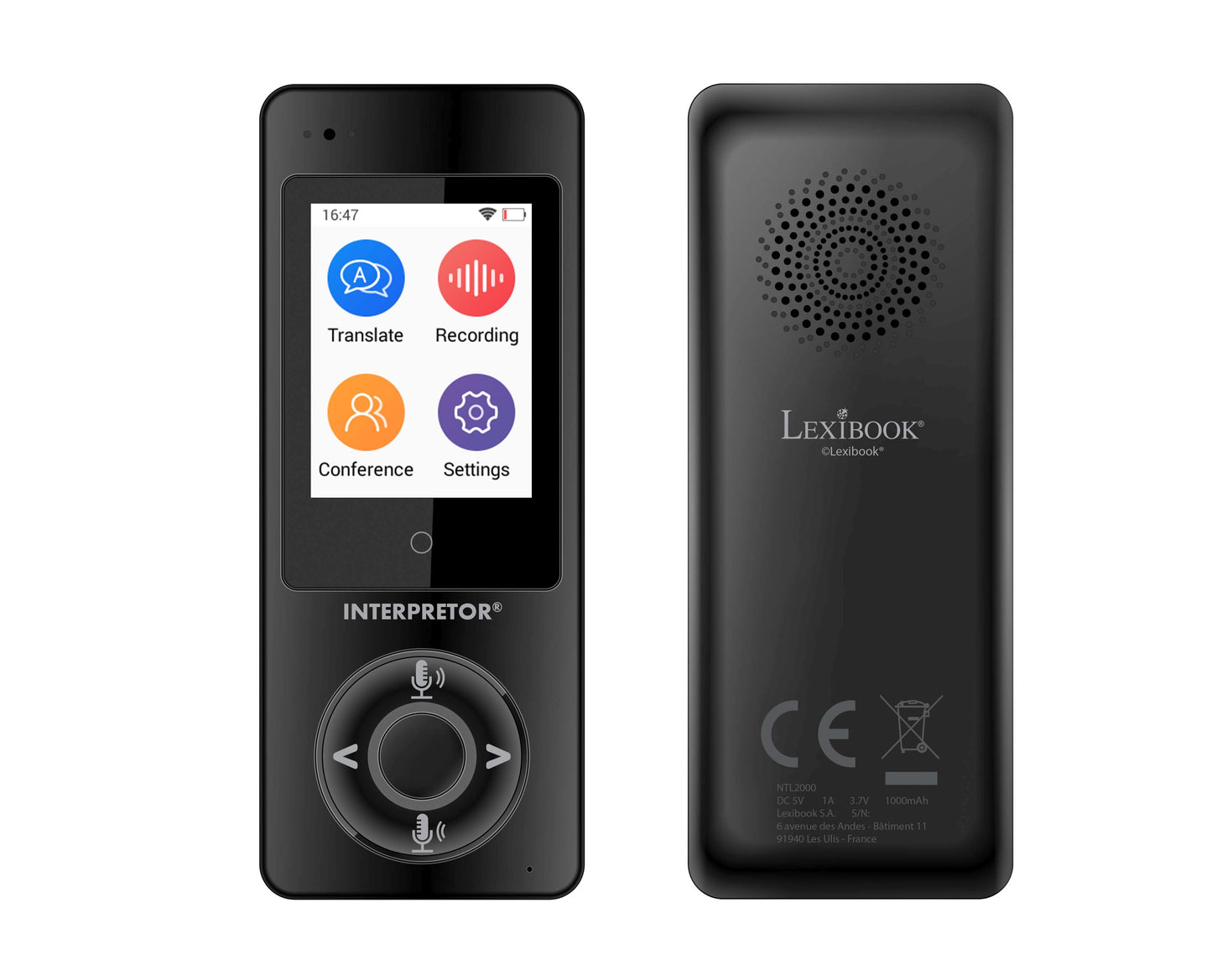 Lexibook Interpretor translator device shown front and back, black handheld with touchscreen display showing Translate, Recording, Conference, and Settings icon