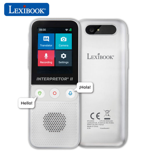 Lexibook Interpretor II white handheld translator device with touchscreen displaying Translator, Camera, Recording, and Settings apps, shown front and back with