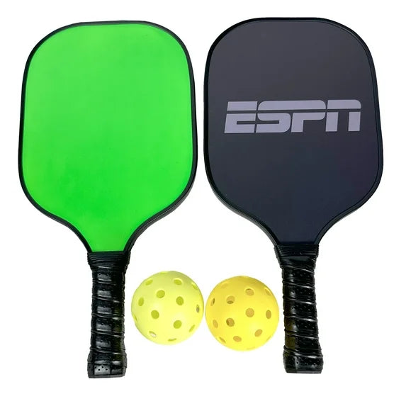 Neon pickleball set with one bright green paddle, one black paddle with ESPN logo, and two yellow perforated balls
