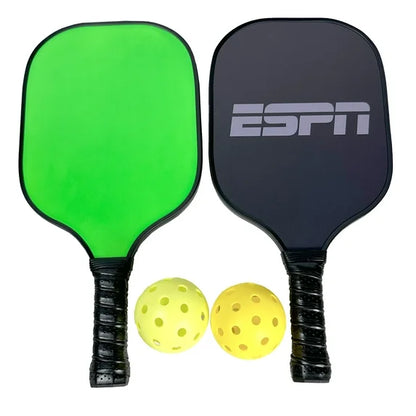 Neon pickleball set with one bright green paddle, one black paddle with ESPN logo, and two yellow perforated balls