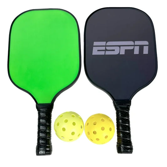 Neon pickleball set with one bright green paddle, one black paddle with ESPN logo, and two yellow perforated balls