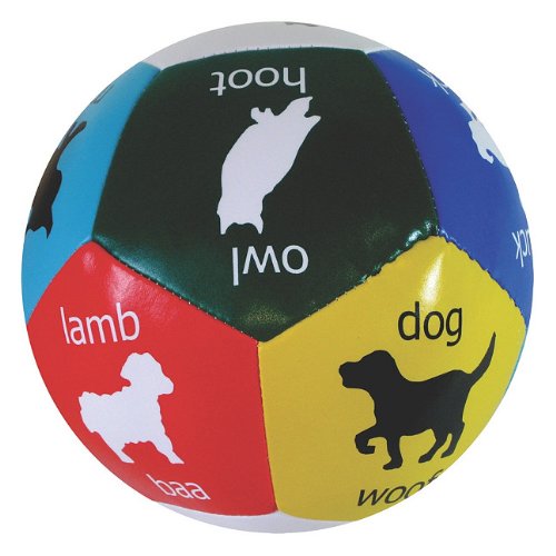 Multicolored inflatable ball with animal silhouettes and labels including dog, lamb, and imo on different colored panels