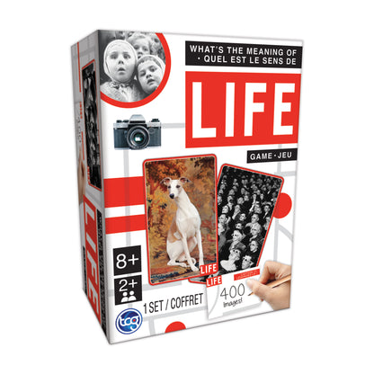Life brand card game box featuring vintage black and white photos, a camera, a white dog, and crowd scene images with red and white design and "LIFE" text, 400