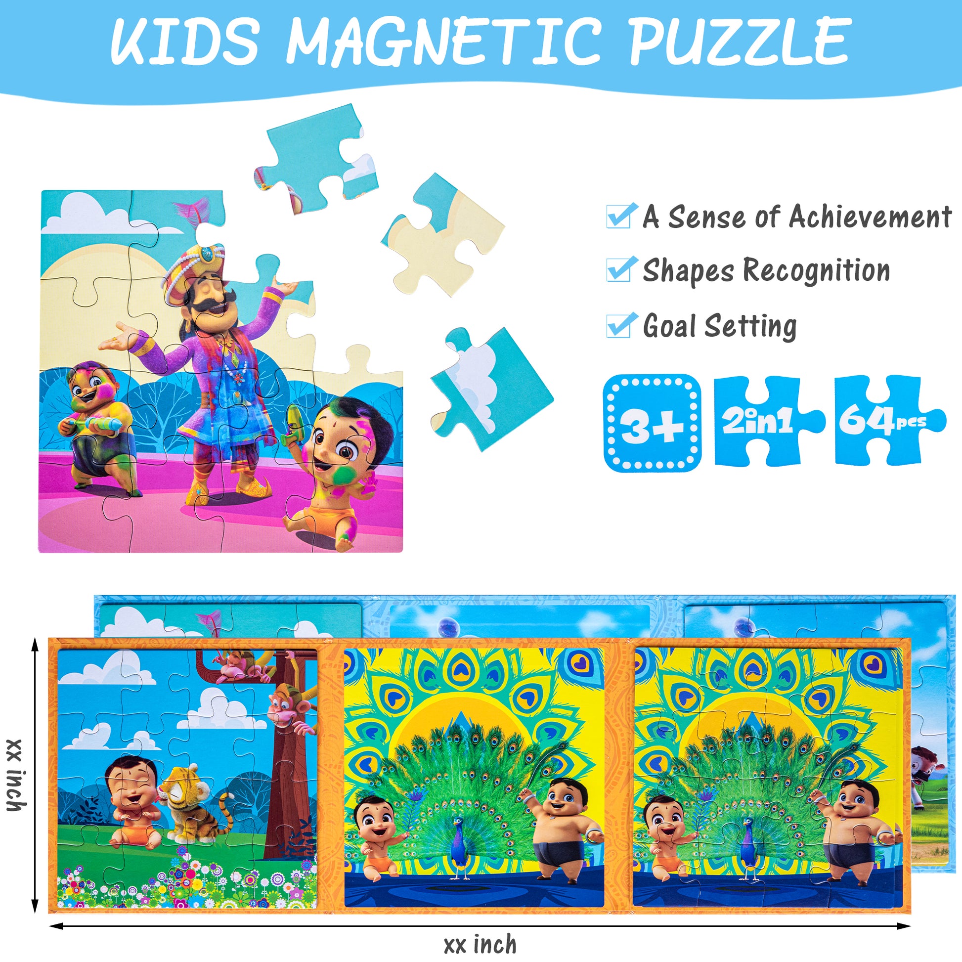 KIDS MAGNETIC PUZZLE. Two colorful jigsaw puzzles featuring animated characters from Mighty Little Bheem — one with three child characters and animals, one with