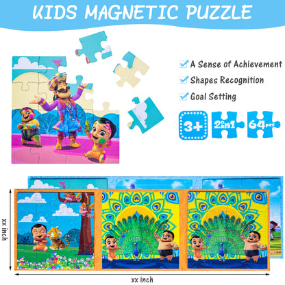 KIDS MAGNETIC PUZZLE. Two colorful jigsaw puzzles featuring animated characters from Mighty Little Bheem — one with three child characters and animals, one with