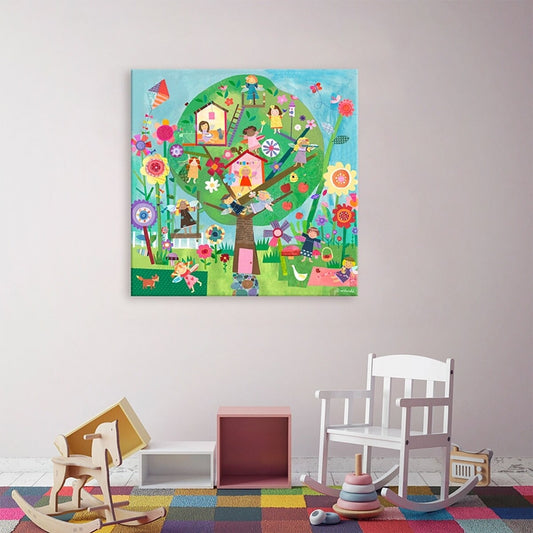Colorful illustrated canvas wall art featuring children playing in a tree house surrounded by flowers, kites, and garden elements in bright greens, blues, and p