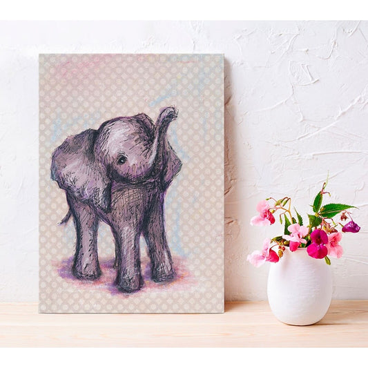 Canvas wall art featuring sketch-style purple elephant with trunk raised, watercolor accents, on patterned background