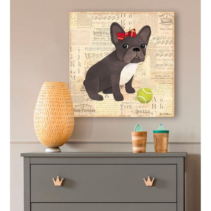 Black and white French Bulldog with red bow on vintage collage background, next to green tennis ball