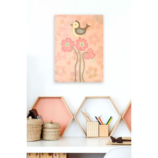 Whimsical nursery wall art featuring a brown bird above three pink flowers on a textured peach background, displayed above hexagonal storage shelves with basket