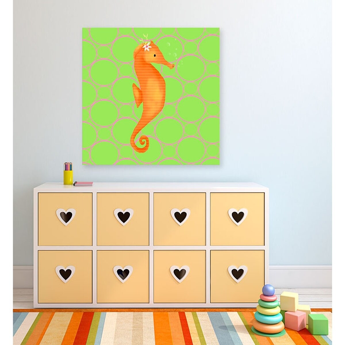 Oopsy Daisy Penelope The Seahorse 10 Inch Stretched Canvas Wall Art, orange seahorse with white crown on bright green circle patterned background