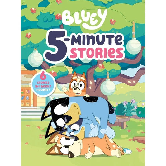Bluey 5-Minute Stories hardcover book cover featuring Bluey, Bingo, and Muffin characters in a colorful garden scene with trees and lanterns