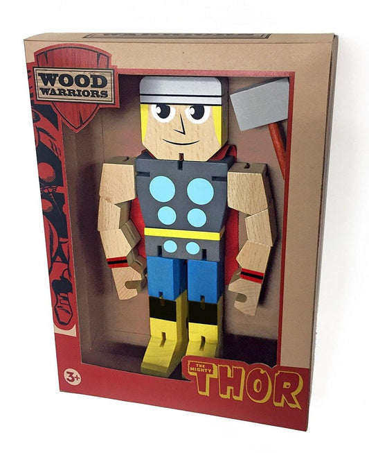 Wood Warriors The Mighty Thor wooden action figure with articulated limbs, hammer accessory, and colorful painted details in packaging