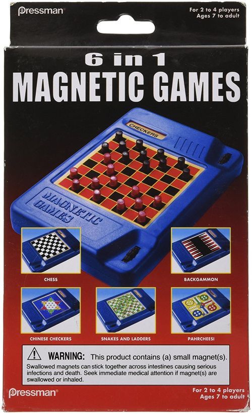Pressman 6-in-1 Magnetic Games handheld blue device showing checkers game board, with smaller images below displaying chess, backgammon, Chinese checkers, snake